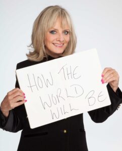 Twiggy holding up 'How the world will be' banner