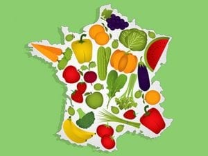 Map of France made up of fruits and vegetables (tomato